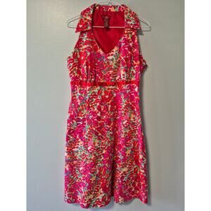 Sangria Red Halter Dress Women's Size 10 Floral A-line Collared Sleeveless